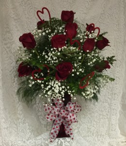 Classic Dozen Red Rose Arrangement red vase and trims