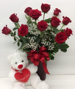 Long Stem Red With Bear Rose Arrangement