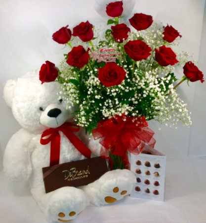 Classic Valentine Premium Rose Arrangement With Debrand Fine Chocolates and Bear