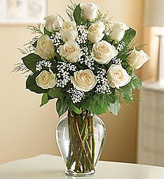 Valentines Day One Dozen Long Stem White Roses in Vase