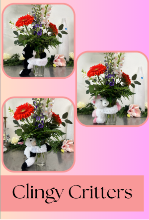 Clingy Critters vase arrangment + stuffed animal vase holder