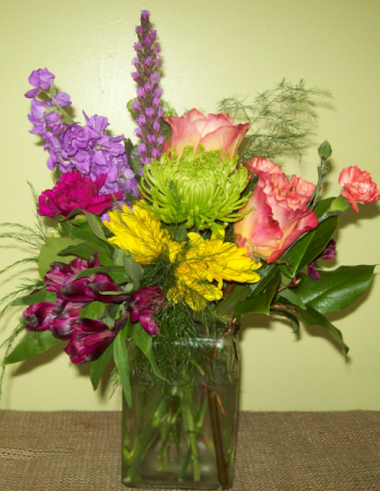 Color My World Rectangle Vase With Bold Colored Mixed Flowers In