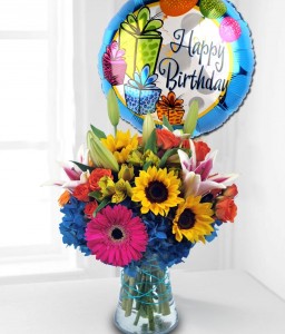 Colorful Birthday Flower and Balloon Arrangement 