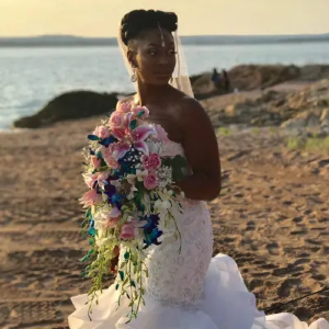 Colorful cascade wedding bouquet