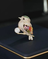 Colorful Gemstone Bird Brooch in Solid Copper Gift Items