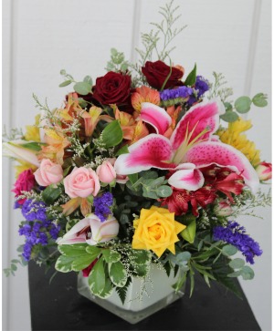 Colorful Lilies and Roses Petite Cube Arrangement