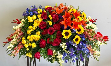 COLORFUL PALETTE OF MEMORIES FULL CASKET COVER SPRAY in Katy, TX | KD'S FLORIST & GIFTS
