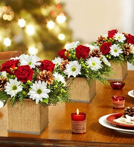 Colors of Christmas Centerpiece In Burlap Wrapped Cubes