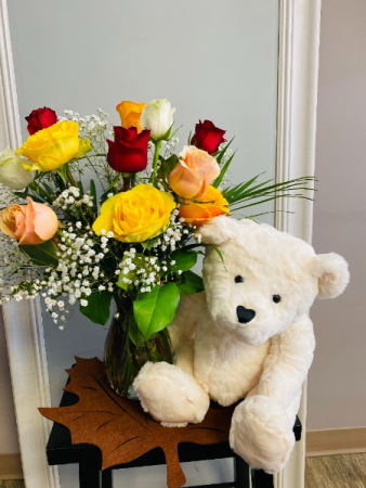 colourful roses with bear Flower Arrangement in Airdrie, AB | Flower Whispers