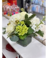 compact whites and greens  square vase 