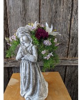 concrete angel with silk flowers 