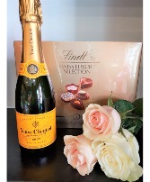 CONGRATS, VEUVE CLICQUOT STYLE French Champagne, luxury chocolates & roses