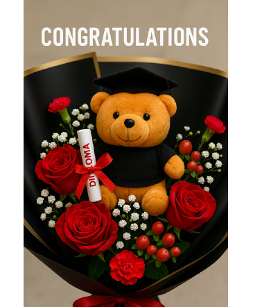 Graduation bouquet Bouquet with roses and small bear in Cape Coral, FL | ENCHANTED FLORIST OF CAPE CORAL