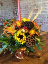 Copper colored metal single candle Centerpiece Thanksgiving centerpiece