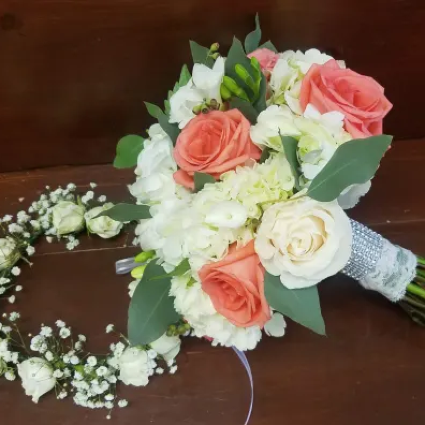 Coral haute wedding bouquet