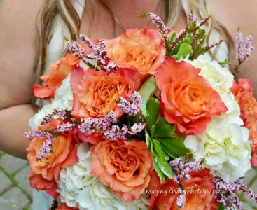 Coral Rose and White Hydrangea Bridal Bouquet Hand-Tied Bridal Bouquet