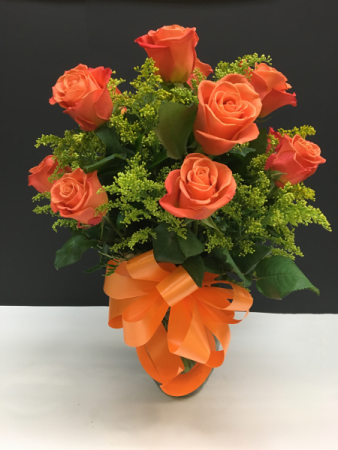 ORANGE ROSES IN VASE WITH BOW ROSES-ORANGE WITH BOW