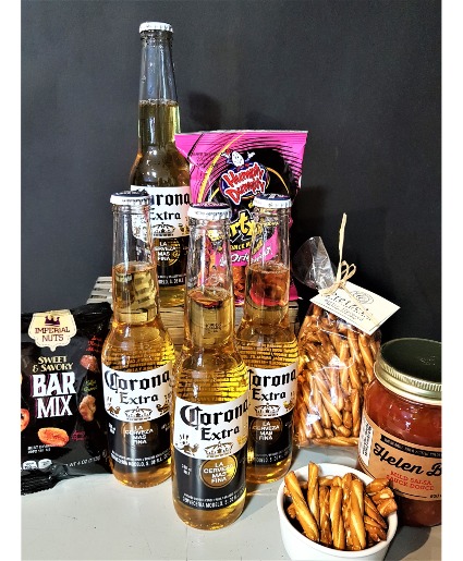 CORONA (Mexican beer) BASKET beer, salsa, bar mix, pretzels and cheese crisps