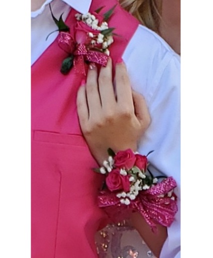 Corsage and Bout...corsage 3 sweetheart roses And bout...2 sweetheart roses...all with filler...corsages on slap bracelets...both for 53.95 plus tax