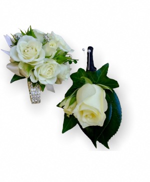 White Whisper Wristlet Corsage and Boutonniere