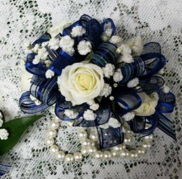 Corsage with Pearl Bracelet White & Royal Blue in Destrehan, LA | Plantation Decor