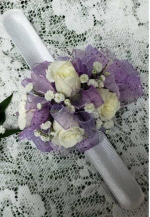 Corsage with Slap Bracelet White and Lavender
