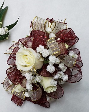 Corsage Wrist White, Burgundy, & Gold