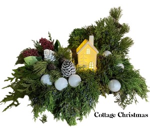 Cottage Christmas Container Arrangement