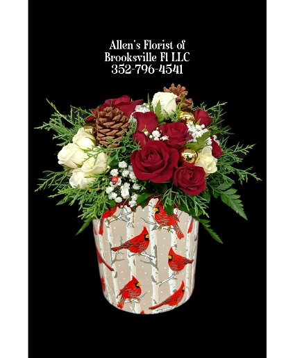 Country Cardinal  Fresh cut flowers in a ceramic container