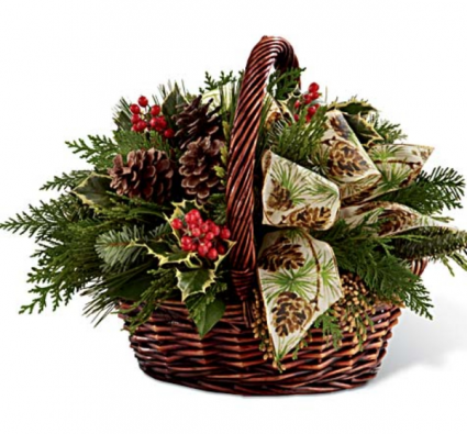 Country Christmas  Basket of greens berries pinecone and bow