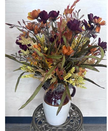 Country crock with silk fall flowers  silk 