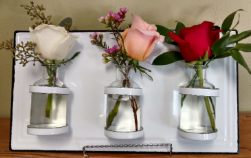 Country Rose White enamel wall hanging with vases including 3 roses comes with stand for display