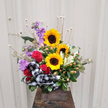 Country Sunshine Wooden Box Arrangement in Burleson, TX | Texas Floral Design Inc