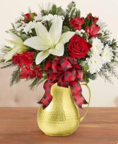 Countryside Winter Golden pitcher arrangement