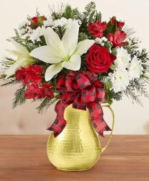 Countryside Winter Golden pitcher arrangement