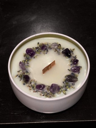 Cow Harbor Candle Company Lavender enhanced with dried lavender and amethyst crystals