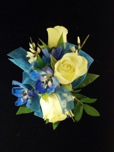 CR-1 White Spray Roses & Blue Delphinium Corsage-Wrist