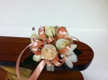 Cream and Peach corsage wrist corsage - small size