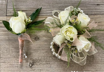 Cream and pearl wristlet and boutonniere combo  in Mount Airy, NC | CANA  MT. AIRY FLORIST