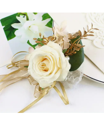 Cream Rose with Gold Ribbon Corsage Bracelet in Newmarket, ON | FLOWERS 'N THINGS FLOWER & GIFT SHOP