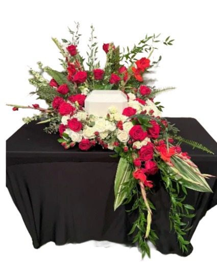 Crimson and White Garden of Roses Funeral Urn (urn not included)