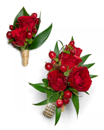 Crimson Corsage and Boutonniere Set Corsage/Boutonniere in Nevada, IA | Flower Bed