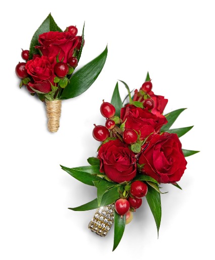 Crimson Corsage and Boutonniere Set Flower Arrangement