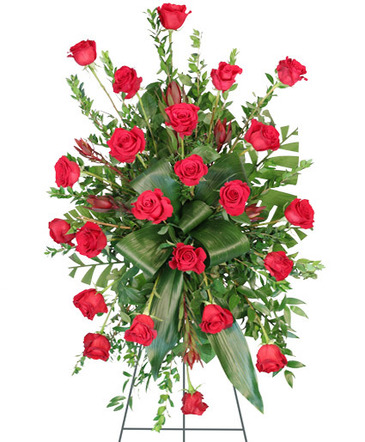 Crimson Departure Standing Spray in Burton, MI | FENNER'S FLORAL & DESIGN COMPANY Crimson Departure Standing Spray in Burton, MI | FENNER'S FLORAL & DESIGN COMPANY