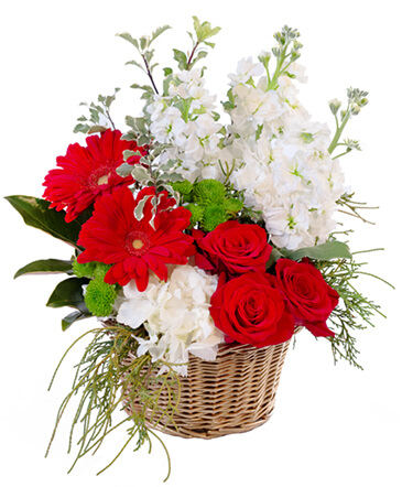 Crimson & Ivory Basket Arrangement in Clinton, MS | Dee's Flower Shop by Willow Blu