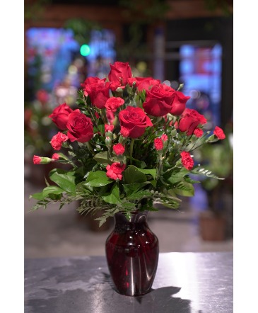 Crimson Romance Roses & Carnations   in South Milwaukee, WI | PARKWAY FLORAL INC.