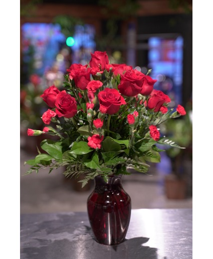 Crimson Romance Roses & Carnations  