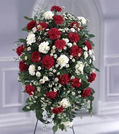 Crimson & White  Standing spray with carnations