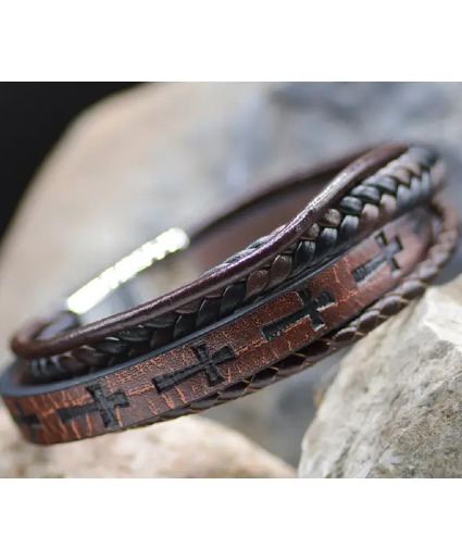 Cross Leather Stamped Bracelet 
