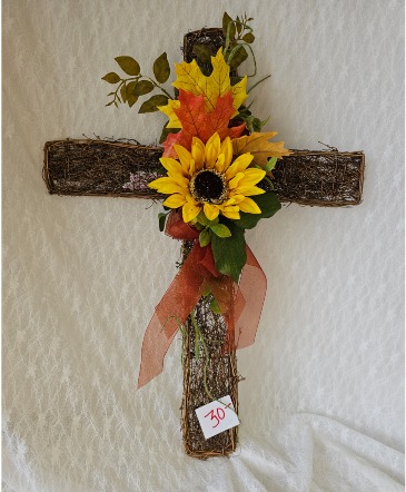 Cross of Grape Vines w/ Silk Sunflower  in Fort Wayne, IN | MORING'S FLOWERS & GIFTS, INC.